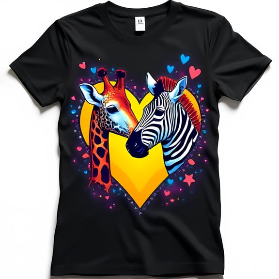 Vibrant Giraffe & Zebra Heart Graphic Black T-Shirt Playful Animal Design