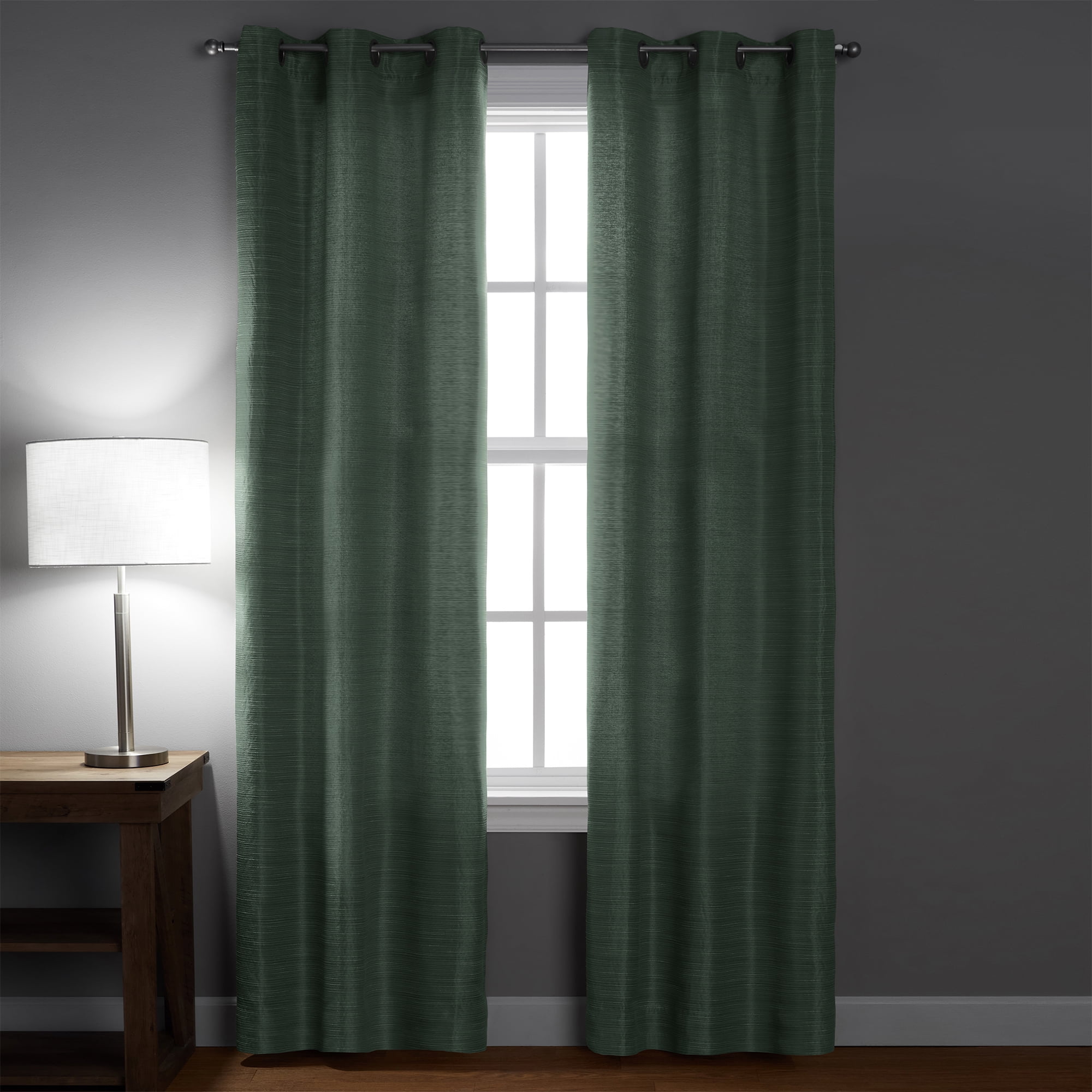 Mainstays 100% Blackout Green Curtains For Bedroom And Living Room, Thermal & Noise Insulation, Energy Saving Design With Linen Texture, 2 Panel Set