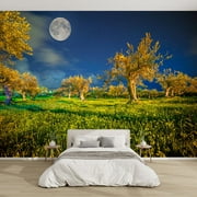 Modern Wallpaper Murals 3D Night view tangerine garden Cape Milazzo Peel and Stick Removable Self-Adhesive PVC Wall Stickers for Nursery Kids Bedroom TV Wall Decor