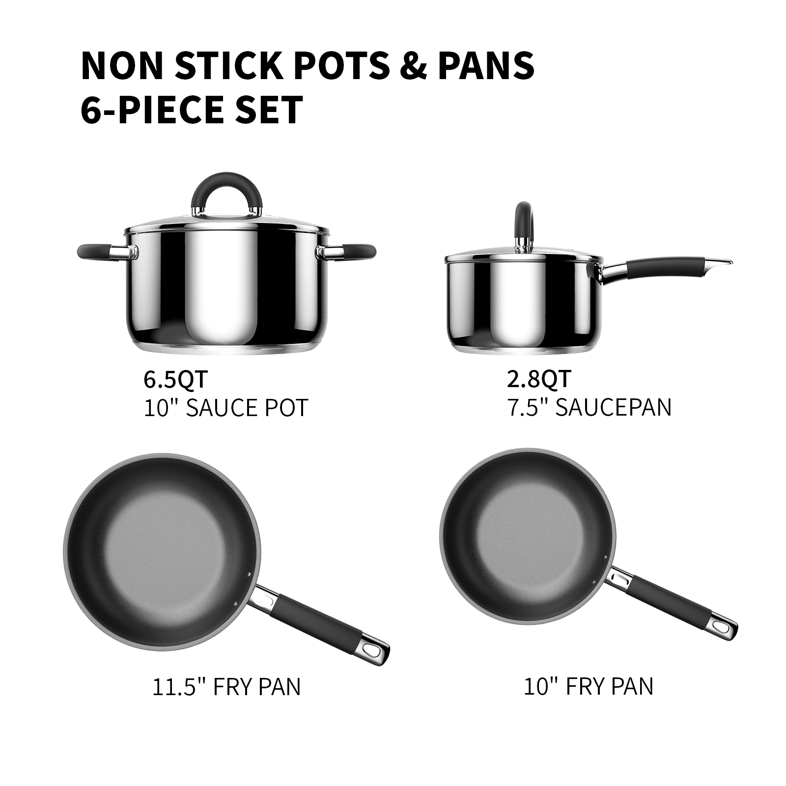 5 Ply Base Pots and Pans Set, 18/8 Stainless Steel Cookware Set of 6, Non Stick Frying Pans, Dishwasher Safe