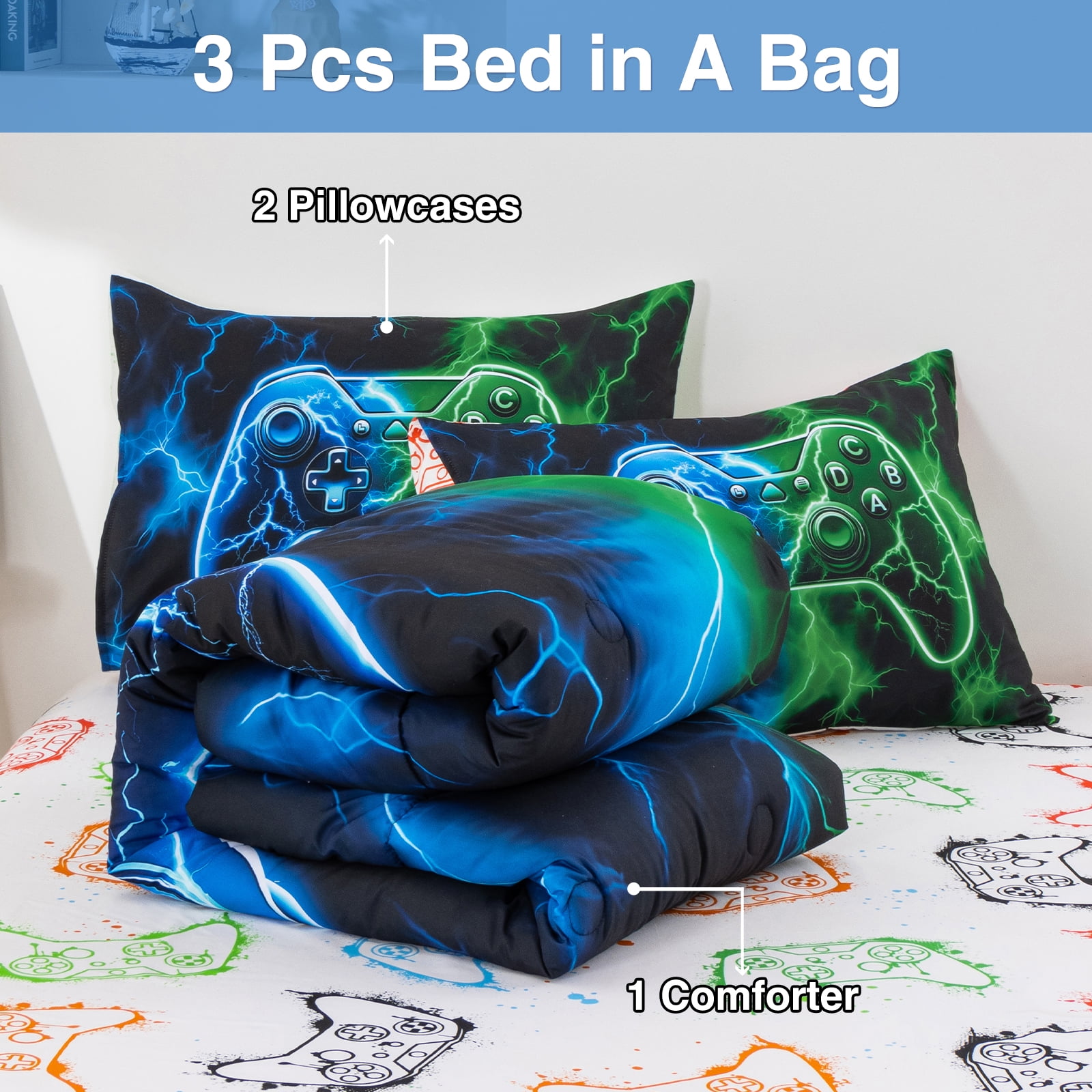 Btargot 3PCS Lighting Game Blue Green Comforter Set Twin Glowing Gamepad Kids Bedding Sets for Boys