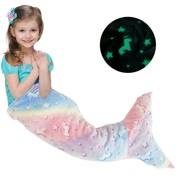 Toorise Kids Mermaid Tail Blanket Luminous Mermaid Blanket Flannel Mermaid Toy Colorful Snuggle Blanket Sofa Blanket Mermaid Sleeping Bag with Double Stitching for Girl 3 to 6 Years All Seasons