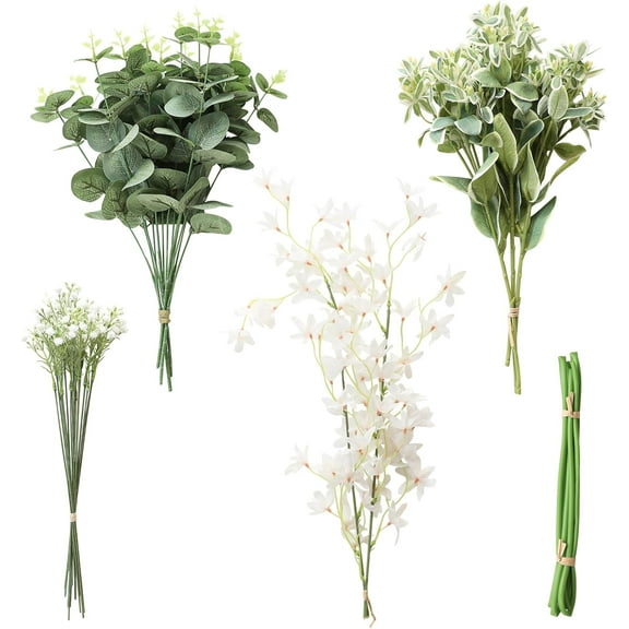 Artificial Greenery Stems Box Set, 25pcs with 4 Kinds of Faux Greenery Flowers Picks for DIY Bridal Bouquets Wedding Floral Arrangement Table Centerpieces, Tender Green & Sage Green
