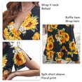 thumbnail image 4 of Vestido cruzado con cuello en V y manga corta con estampado floral, vestido elegante con cinturón y dobladillo con volantes para fiesta en la playa, girasol en negro M, 4 of 5
