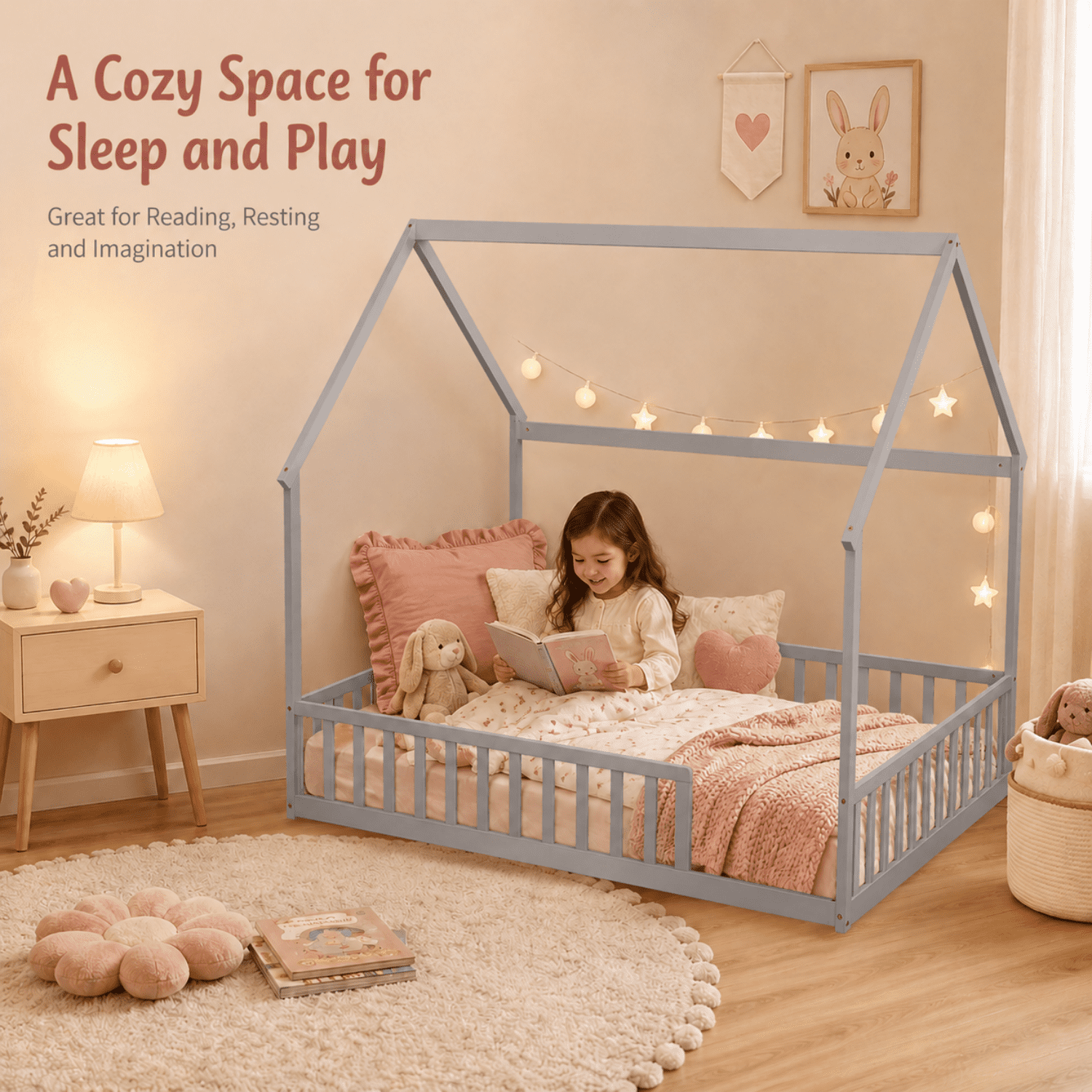 Miniyam Full Size Kids House Floor Bed with Fence, Wood Montessori Bed Frame, Gray