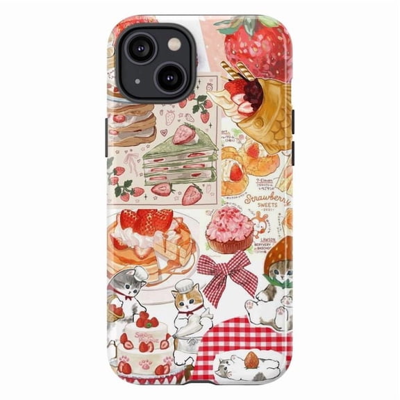 Strawberry Dessert Cat Phone Case, Cute Kawaii iPhone Cover with Pastry & Kitty Chef Design, Pink Aesthetic Protective Case for iPhone 16 15 14 13 12 11 Pro Max Plus Mini