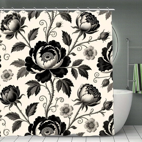 Beige And Black Floral Print Shower Curtain,Modern Fabric Waterproof Shower Curtain Set with Hooks 70.8×70.8Inch (180×180cm)