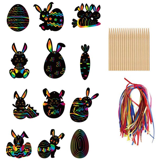 Tarjetas Para Rascar De Pascua, Juego De Manualidades De Papel, Conejo De Pascua, Zanahoria, Huevo, Pintura Para Rascar Para Decoración De Pascua, Regalos Diy Para Niños 12 Uds. Monstrate HA034757-00