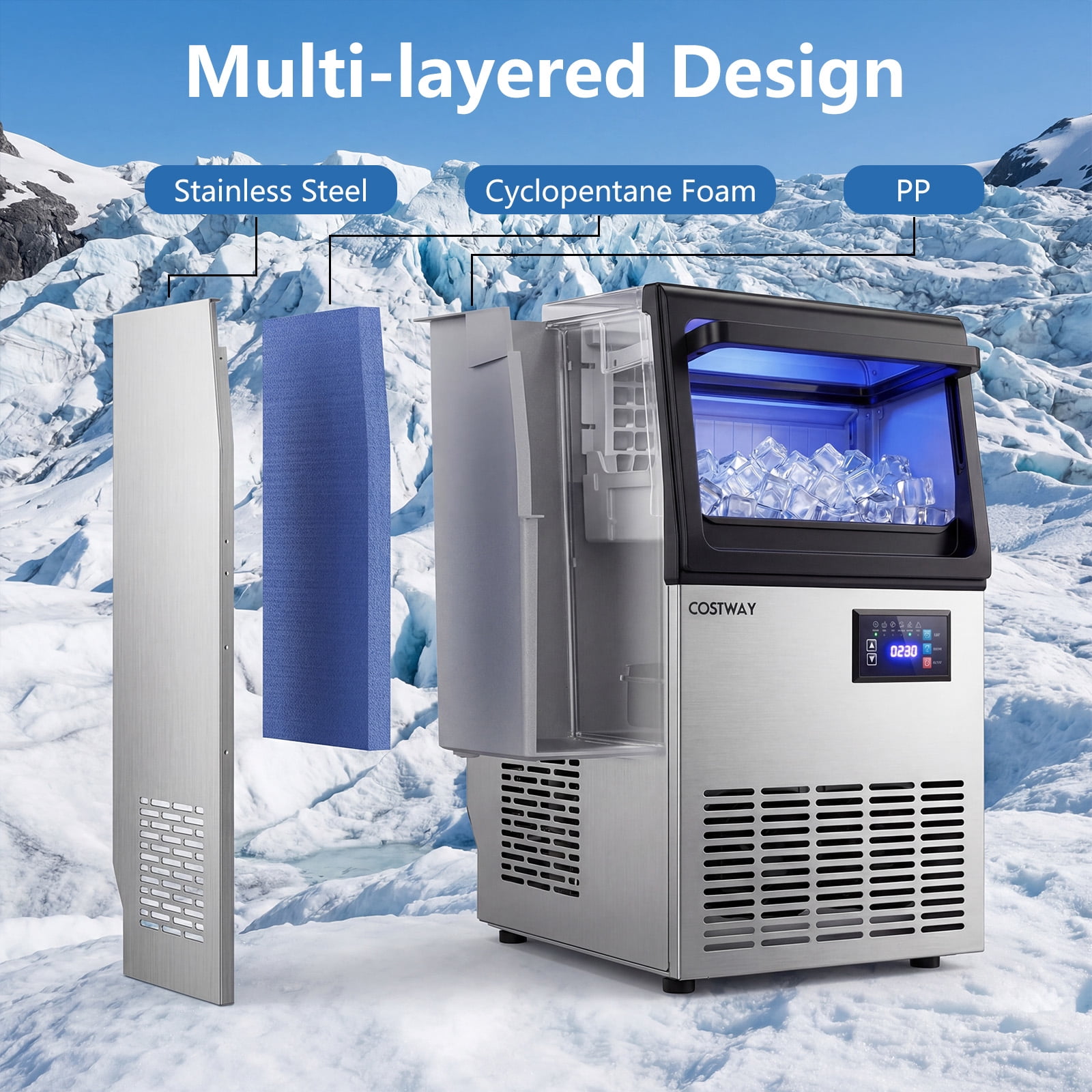 Costway Commercial Spray-Type Ice Maker Machine, Under Counter & Freestanding Ice Making Machine