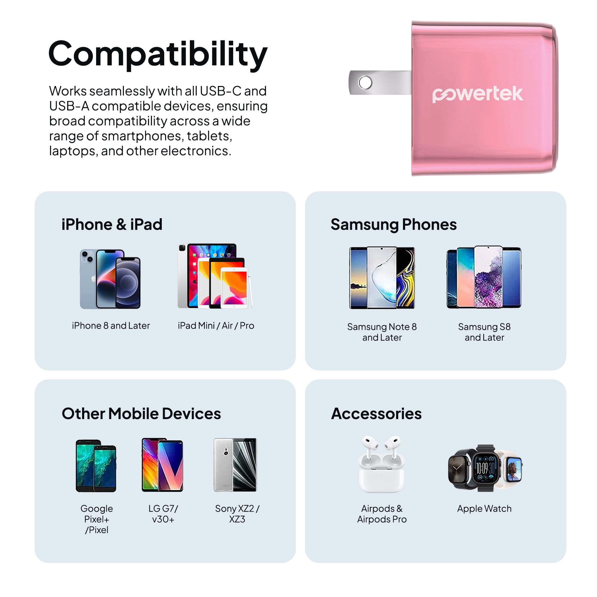 Powertek Luxe 20W USB-C + 18W USB-A Fast Charging Dual Port Block, Pink, Compatible with iPhone, Android, Tablets & USB Devices, Compact Travel Adapter