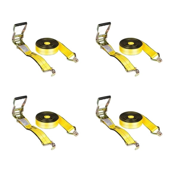 4 Pack 2 Inch x 50 FT Heavy Duty Ratchet Straps with Double J Hooks | 10,000 lbs. Breaking Strength Yellow Tie Down Straps w/Wire Hooks for Industrial Use, Trailers, Truck & Cargo.