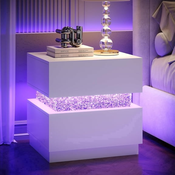 Catrimown Modern White Nightstand with LED Lights & Diamond, Bedside Table with 2 Drawers, End Side Table for Bedroom Living Room
