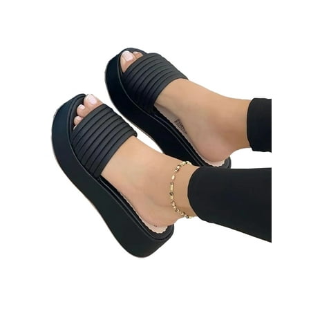 

Lacyhop Women Slides Summer Slippers Slip On Beach Shoe Daily Comfortable Casual Shoes Lightweight Platform Slide Slipper Black 7
