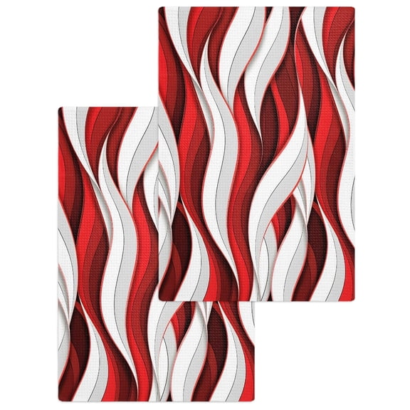 Red White Moire Kitchen Dish Towels for Drying Dishes Set of 2, Modern Abstract Art Waffle Weave Microfiber Hand Tea Bathroom Towels Quick Dry & Absorbent Towel 15.7x23.6