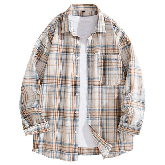Mens Graphic T-Shirts Lapel Button Long Sleeve Plaid Loose Casual Shirt Tops