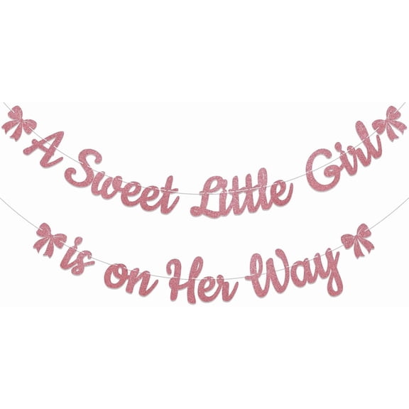 A Sweet Little Girl is on Her Way Banner - Pink Bow Baby Shower Decorations, Coquette Baby Shower Bunting Banner, Sweet Baby Girl Gender Reveal Party Decorations Rose Gold Glitter