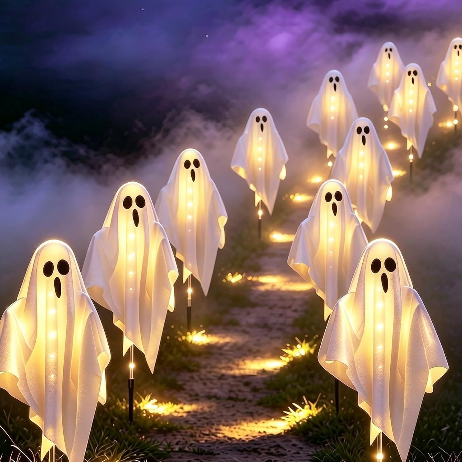 Solar Halloween Ghost Decorations, 3-Piece Outdoor Light Set with 8 Lighting Modes, Bendable Arms, Auto On/Off, 37.5 x 25.6 in
