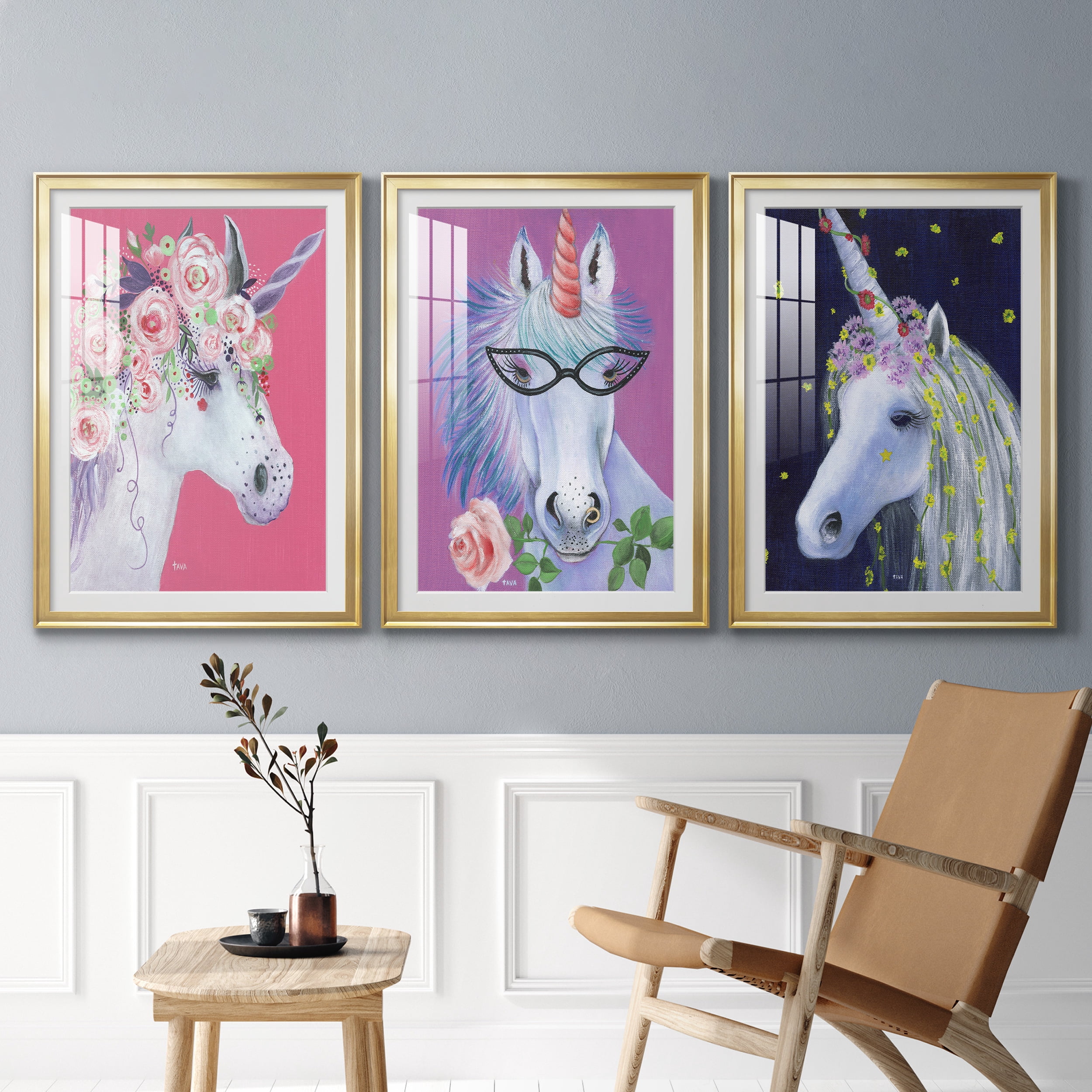 Unicorn II Premium Framed Prints Set of 3 - Ready to Hang - 30.5 x 42.5 Each - Gold Frame