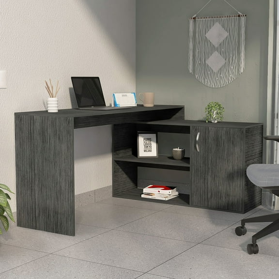 Office Desks, Smokey Oak 2-Shelf L-Shaped Office Desk, Gray Home Office Desks,Particle Board Wooden Office Desks, Furniture Office Desks & Work Surfaces Smokey Oak 2-Shelf L-Shaped Office Desk