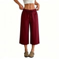 thumbnail image 2 of Capri Pants for Women 2026 Summer Petite Cotton Linen Casual Straight Drawstring Elastic Waist Cropped Trousers Wine S, 2 of 6