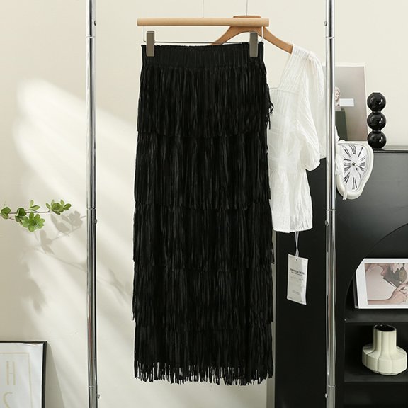 Riecok Tassel Skirts for Women A-Line Ankle Length Fringe Skirt Solid Flowy Lightweight Tiered Skirt Black Free Size