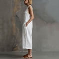 thumbnail image 4 of Long Sleeve Romper Women's Cropped Jumpsuit, Sleeveless Linen Round Neck Button Front Wide Leg Pants with Pockets, Summer Casual Daily Travel Wear White L, 4 of 6