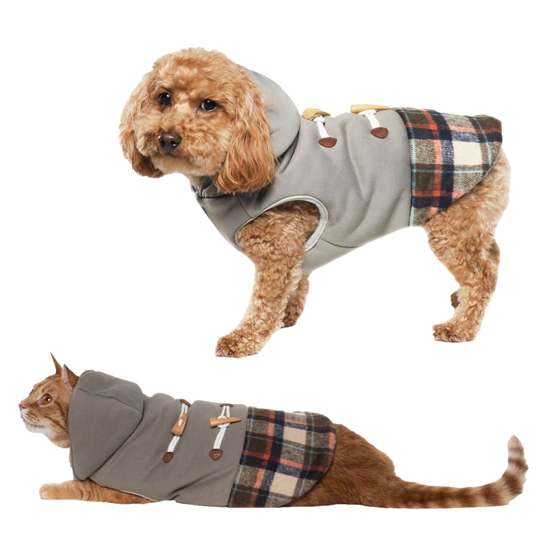 Holiday Time Dog Clothes: Hooded Jacket for Fall & Winter, Grey & Plaid Pieced with Faux Toggles, Size XS-XL