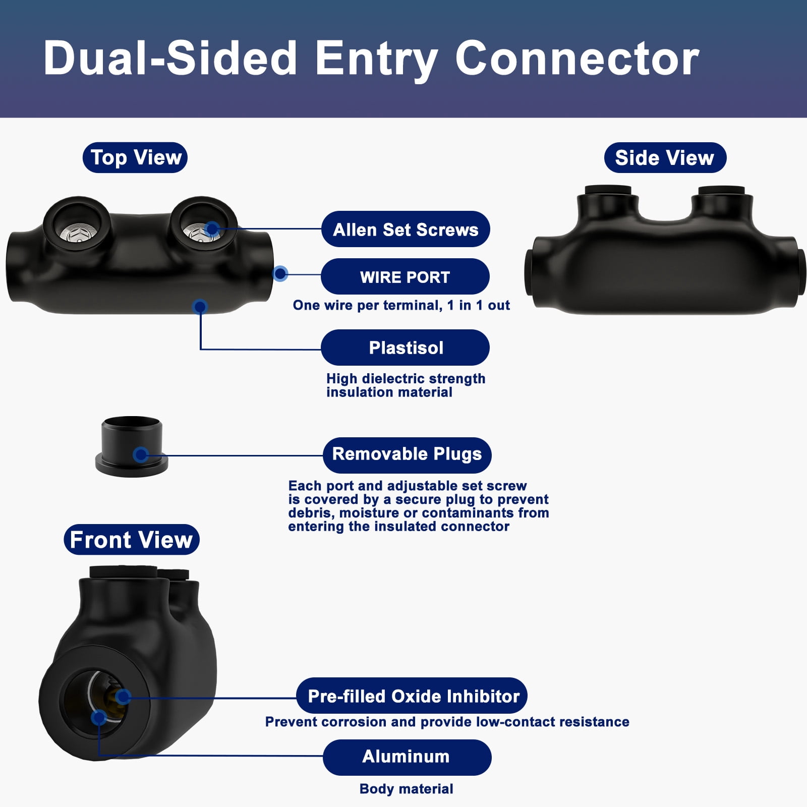 2 Port Insulated Wire Connectors Black Splice Connector 2/0-6 AWG Multi Cable Connector Dual Sided Entry Cable Splicers with Oxide Inhibitor UL Listed - 5 Pack