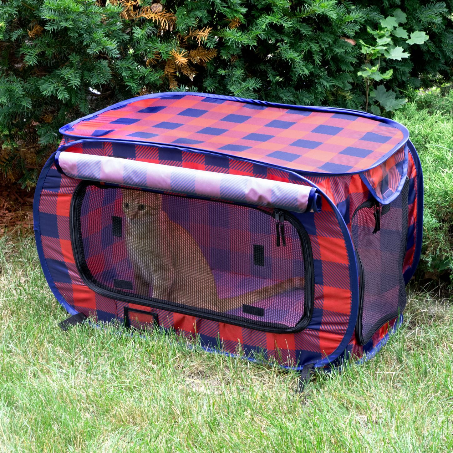 SP Holiday Plaid Pop Open Kennel, Red and Blue
