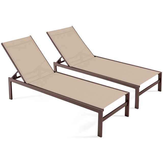 Gymax Ensemble de 2 Chaises Longues de Patio en Aluminium, Chaise Longue d'Extérieur Réglable avec Dossier à 6 Positions