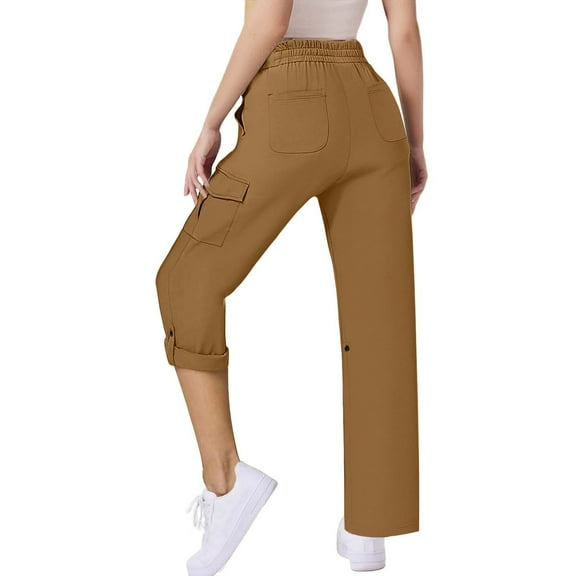 ZHYou Womens Cargo Pants with Pockets,Lightweight, Hiking,Casual Elastic Waist Pants for Women ,Khaki,Size 2XL