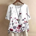 thumbnail image 2 of LYXSSBYX Linen Shirts for Women Women's Casual Round Neck Casual Button Printed Short Sleeve Blouse Short Sleeve Round Neck Blouse/Shirt, 2 of 5