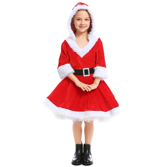 Santa Claus Outfit for Kids Long Sleeve Hooded Girls Santa Christmas Dress Festive Dress Outfit Kids Christmas Outfits for Girls 4-6 years