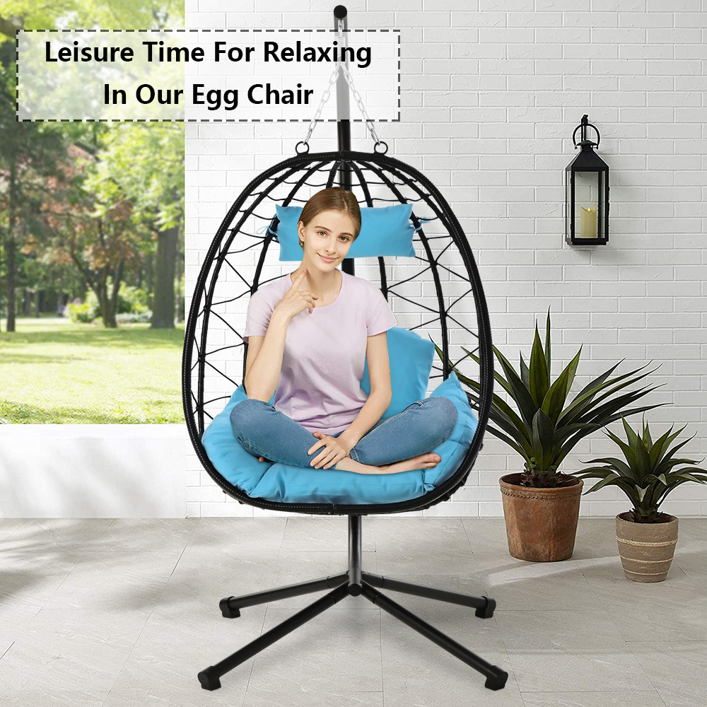 Clearance! Hanging Wicker Egg Chair, Outdoor Patio Hanging Chairs with Stand, UV Resistant Hammock Chair with Comfortable Light Blue Cushion, Durable Indoor Swing Egg Chair for Garden, Backyard, L3938 - image 3 of 10