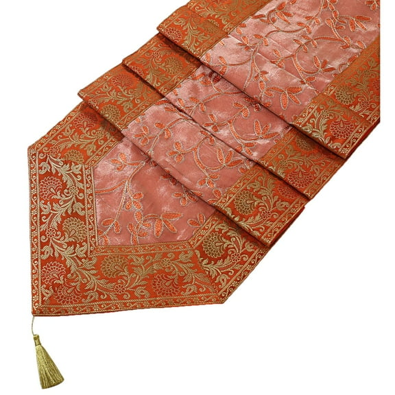 Stylo Culture Indian Coffee Table Runner Christmas 6 Ft Orange Peach Traditional Decorative Placemat Zari Embroidered Tassels 72 Inch Brocade Jacquard Bordered 14 Inches Wide Ethnic Wedding Decor