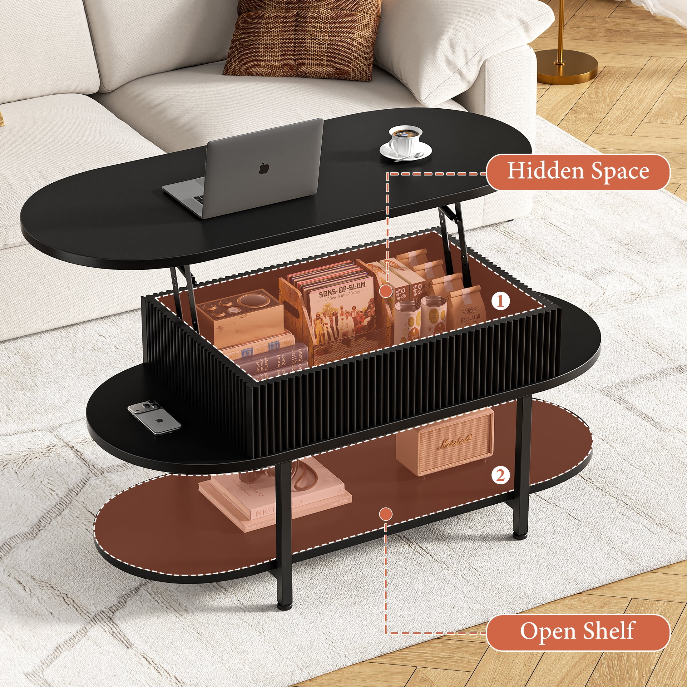 GUNAITO Lift Top Coffee Table with Storage, Modern Farmhouse Center Table with Shelf 3 Tier for Living Room, Black