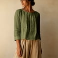 thumbnail image 4 of Womens Solid Pleated Crewneck 3/4 Sleeve Shirt Casual Spring Fall Y2K Vintage Comfy Basic Trendy Office Work Army Green 2XL, 4 of 5