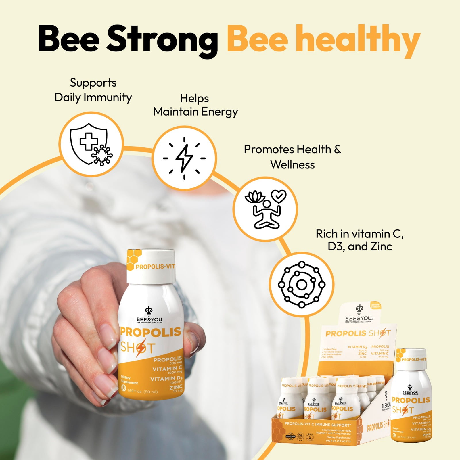 BEE&YOU Propolis Shot, Bee Propolis with Vitamin C D3 Zinc, Anatolian Propolis Extract, Raw Honey & Natural Orange Juice, Non-GMO