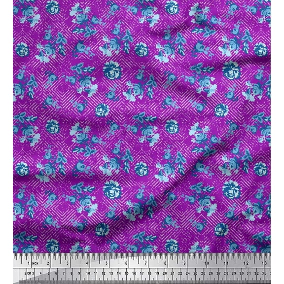 Soimoi Moss Georgette Fabric Check,Leaves & Floral Artistic Print Fabric by Yard 42 Inch Wide