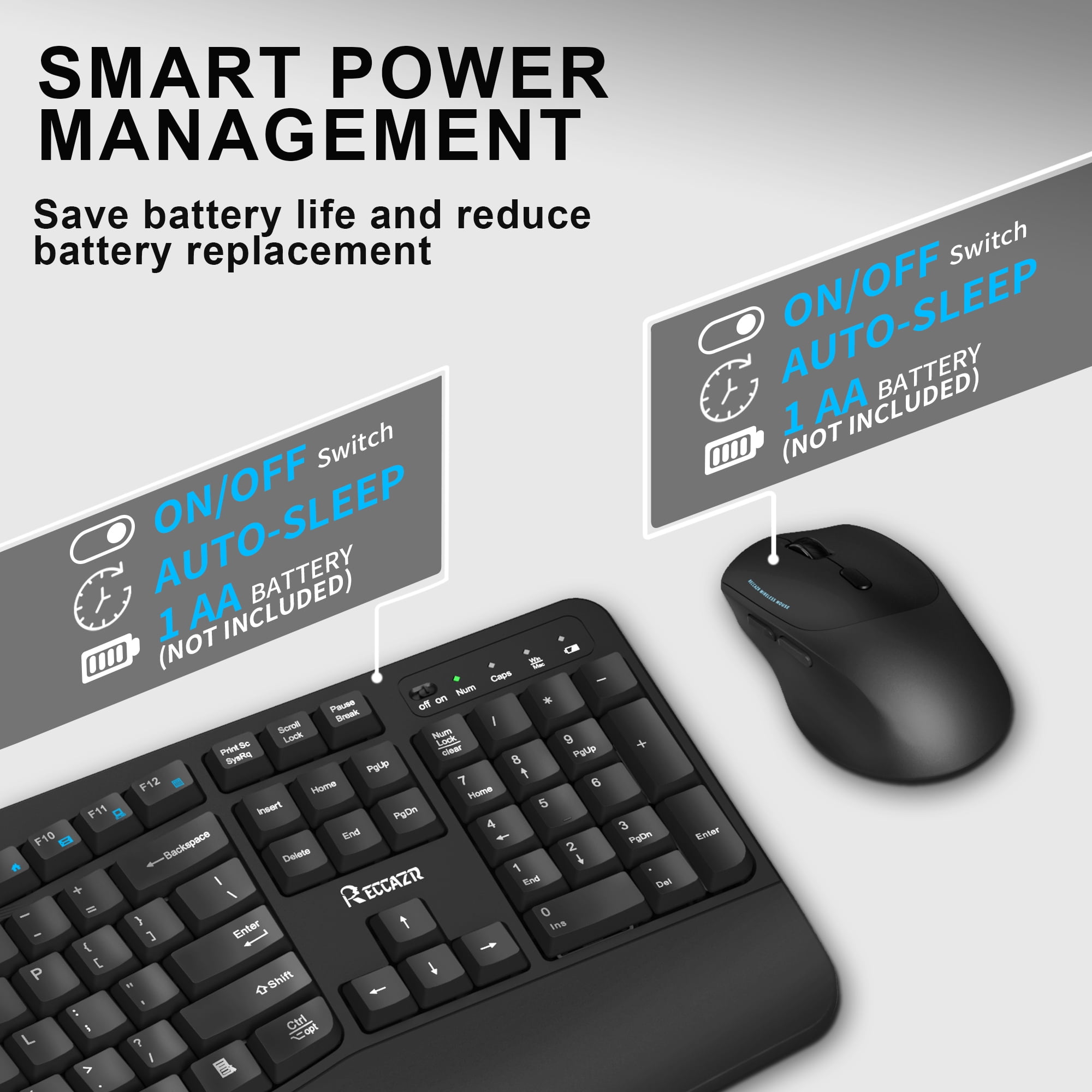 Wireless Keyboard and Mouse Combo,2.4G Full Size Wave Keys Ergonomic Keyboard with Wrist Rest for Natural Typing, 3 DPI Adjustable Ergonomic Silent Mouse for Computer/Laptop/Windows/Mac (Black)
