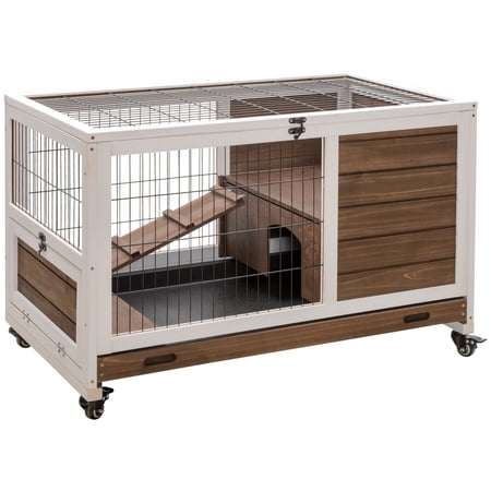 Rabbit Hutch, 2-Tier Fir Wood Pet Cage with Ramp, Removable Tray, and Wheels, 35x21x23 in, Brown