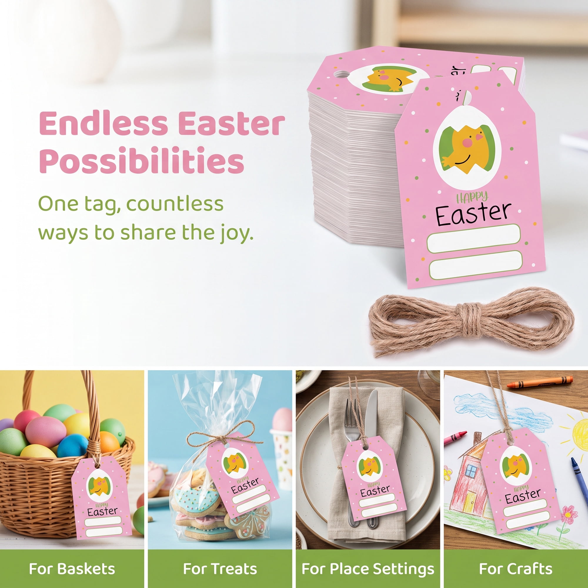 Unique Bargains 100Pcs Easter Gift Tags with Twine for Wrapping Chick Pattern 2" x 3.1"