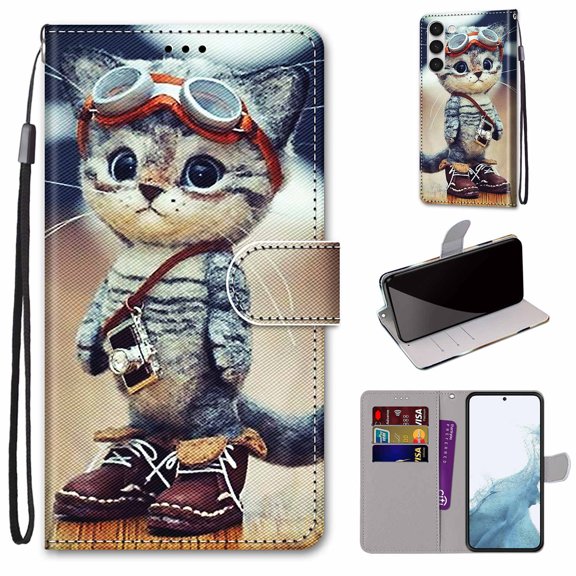 SaniMore Painted Wallet Case Compatible with Galaxy S23 Plus 5G, Stylish PU Leather Shell Magnetic Closure Shockproof Kickstand Case with Wrist Strap for Samsung Galaxy S23 Plus, Cat with Shoes