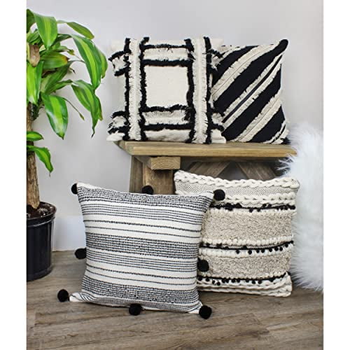 AuldHome Boho Farmhouse Throw Pillow Covers, 16 x 16 Black and Off White  Fringed Couch Pillows