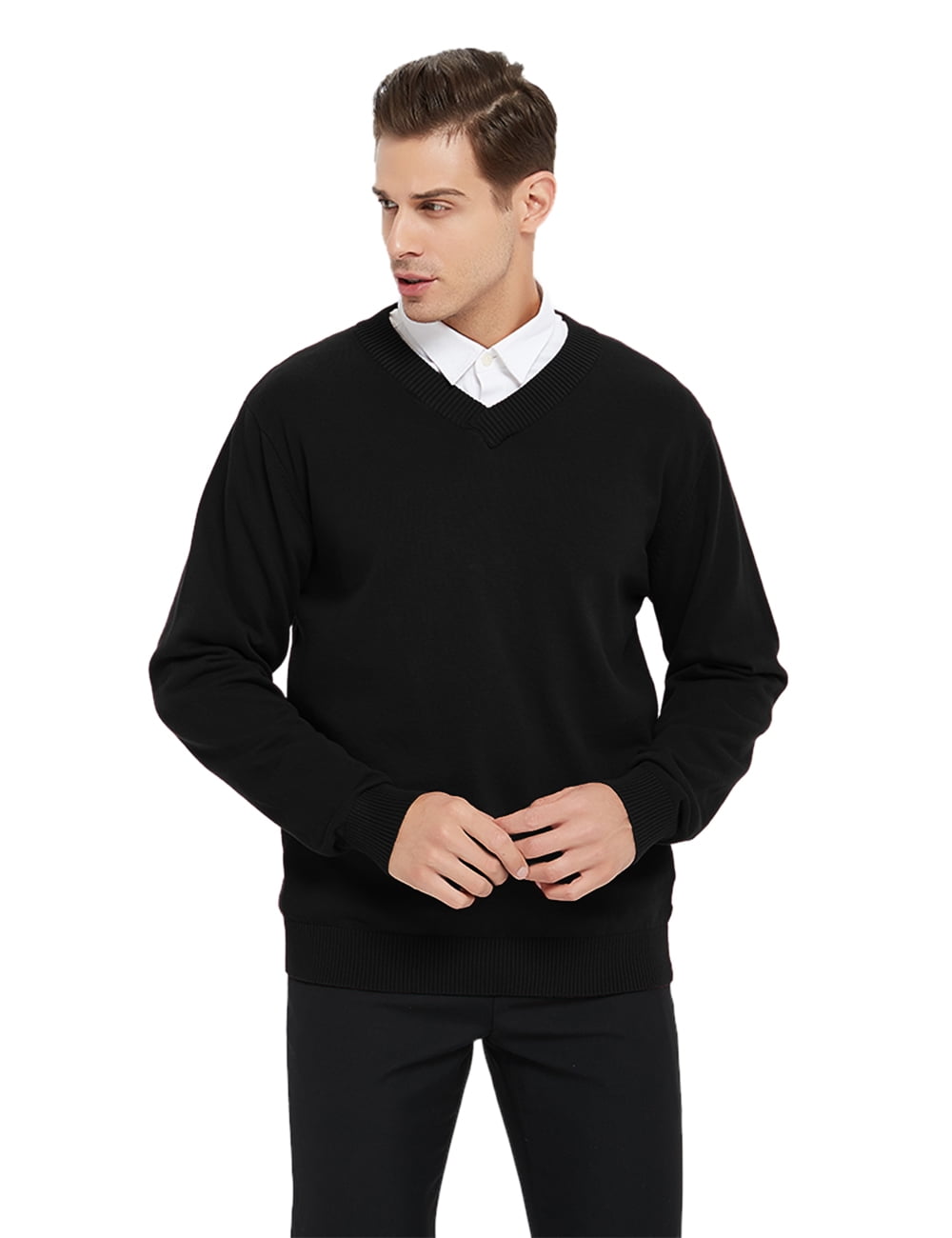 XL Dable Men's V-Neck Shirring Detail Long Sleeve 100% Cotton Sweater Grey M 