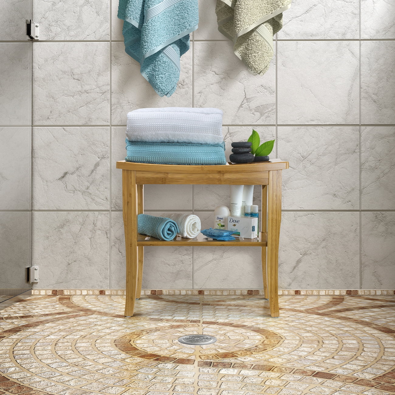 Sorbus Bamboo Shower Bench Stool with Shelf, 2-Tier Bathroom Bath Seat Storage Chair