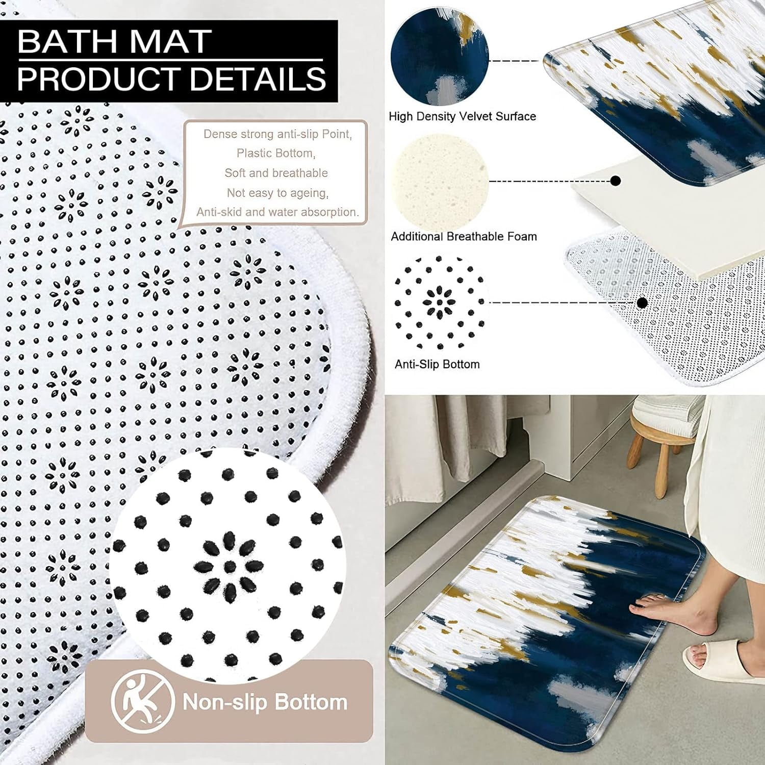 Zrodlmo Abstract Blue Ombre Fabric Shower Curtain and Rug Sets, 16pc Modern Bathroom Curtain Sets, 72" x 72", Blue