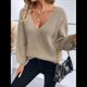 thumbnail image 5 of Suéter de Cuello en V con Hombros Descubiertos para Mujer, Camisa Ajustada de Larga, Suéter con Lazo en la Espalda Beige XL, 5 of 9