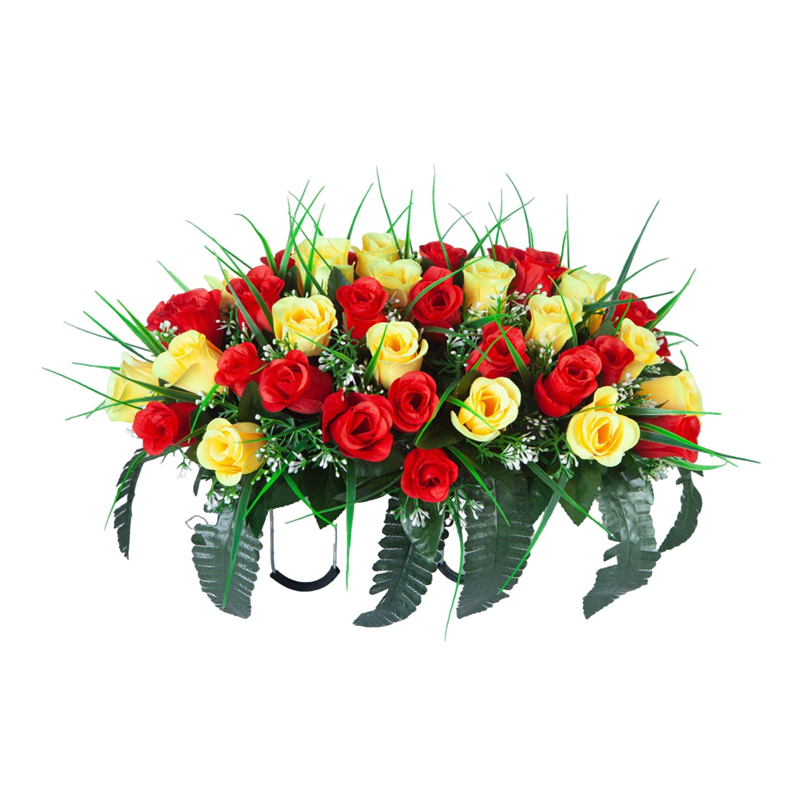 Headstone Flower Saddle Artificial Cemetery Flowers Grave Flowers For Cemetery Headstone Flower Saddle Red Rose Combination Outdoor Memorial Day Decorations Funeral Tribute Arrangement