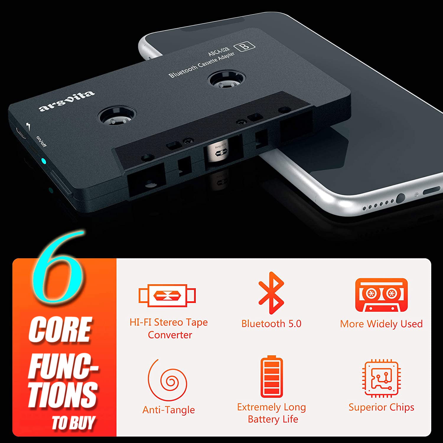 Arsvita Bluetooth Cassette Player Receiver for Car, Wireless Bluetooth 5.0  Audio Cassette Adapter for Old Car Tape Player, Cassette Tape Bluetooth